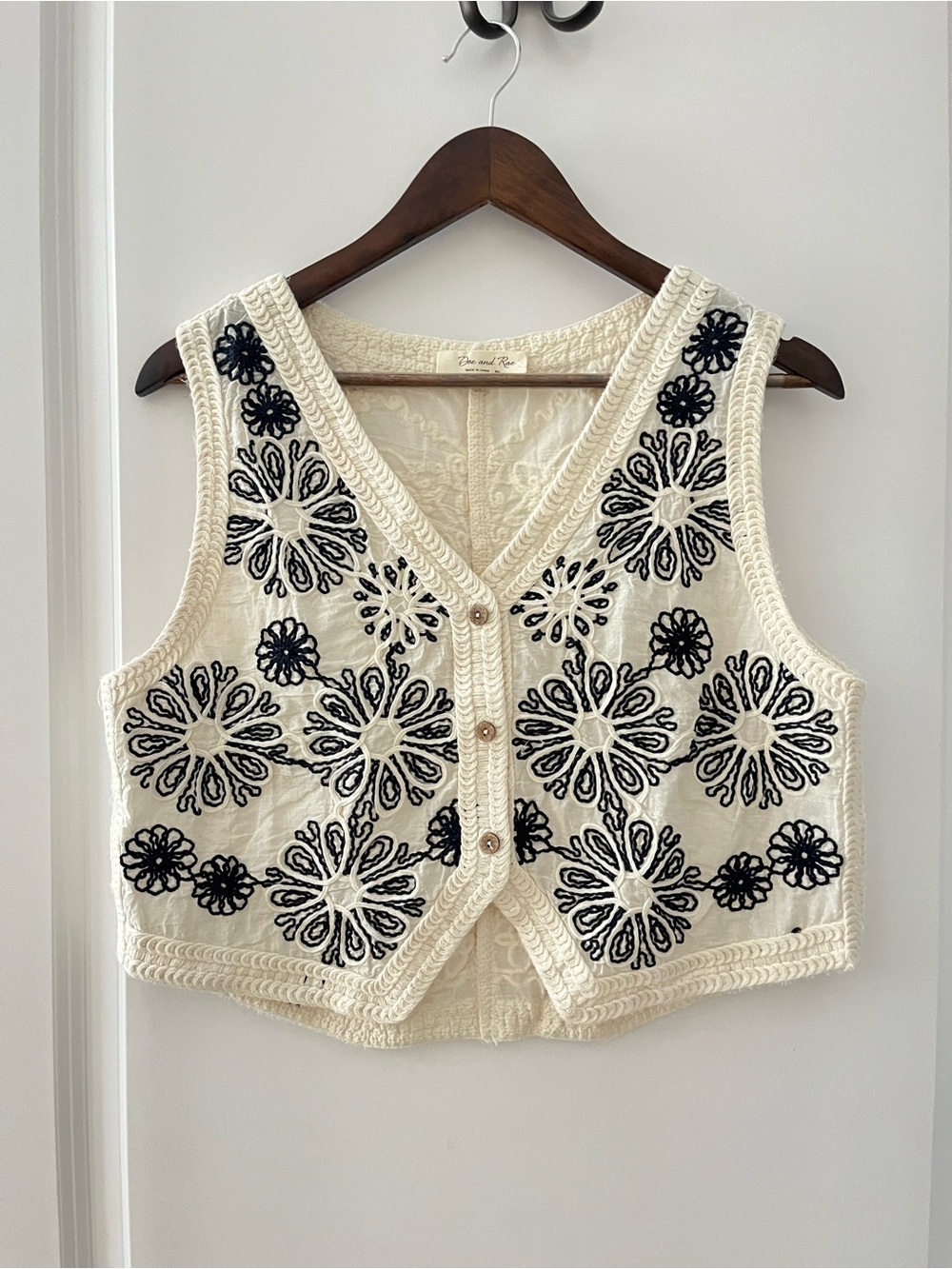 Doe & Rae Cream Crochet Crop Vest with Black Floral Embroidery